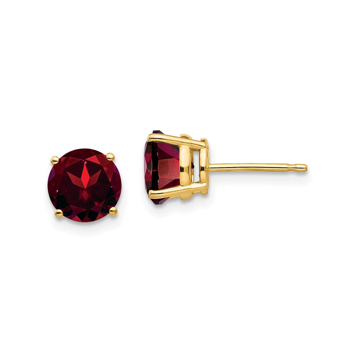 14k Yellow Gold Stud Earrings with Garnet, Round Cut Gemstone in Four Prong Setting