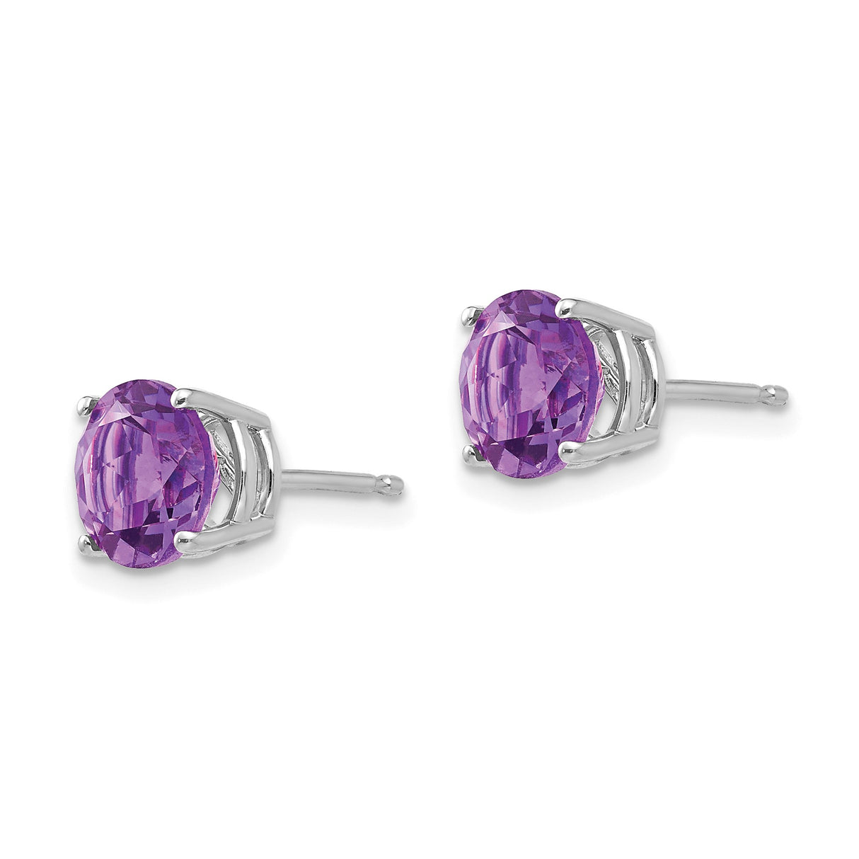 14k White Gold Amethyst Stud Earrings, Round Cut Purple Gemstone in Four Prong Setting