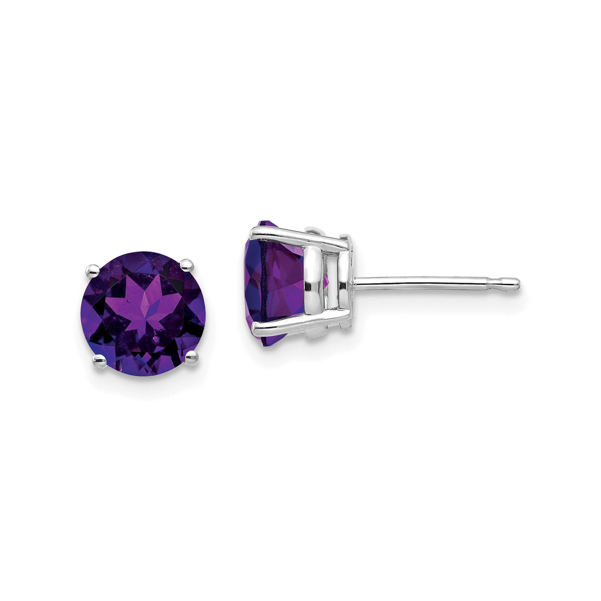 14k White Gold Amethyst Stud Earrings, Round Cut Purple Gemstone in Four Prong Setting
