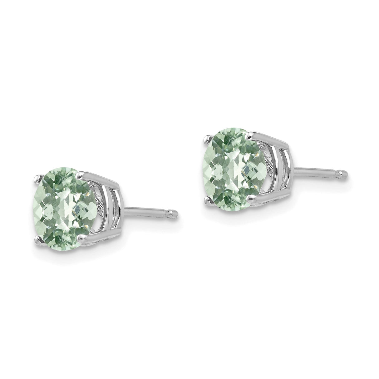 14k White Gold Stud Earrings with Light Green Quartz, Checker Cut, Four Prong Setting