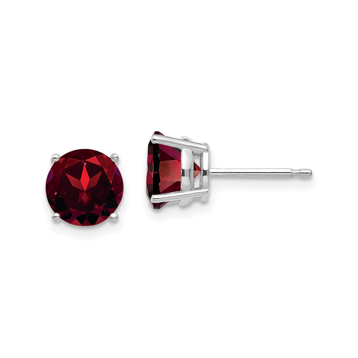 14k White Gold Garnet Stud Earrings, Round Cut Solitaire Design for Women