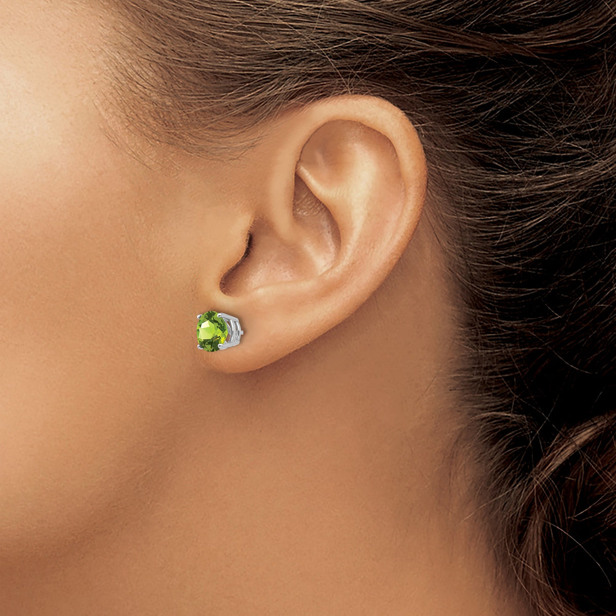 14k White Gold Peridot Stud Earrings, Round Cut August Birthstone, Classic Minimalist Style