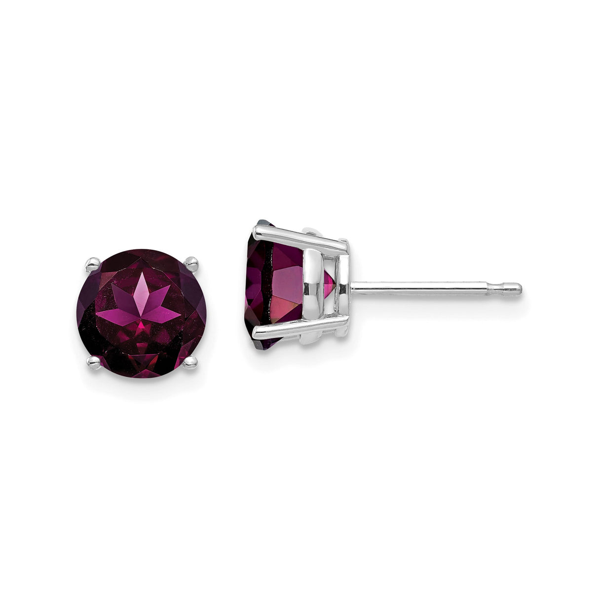 14k White Gold Garnet Stud Earrings with Round Deep Red Purple Rhodolite Gemstones