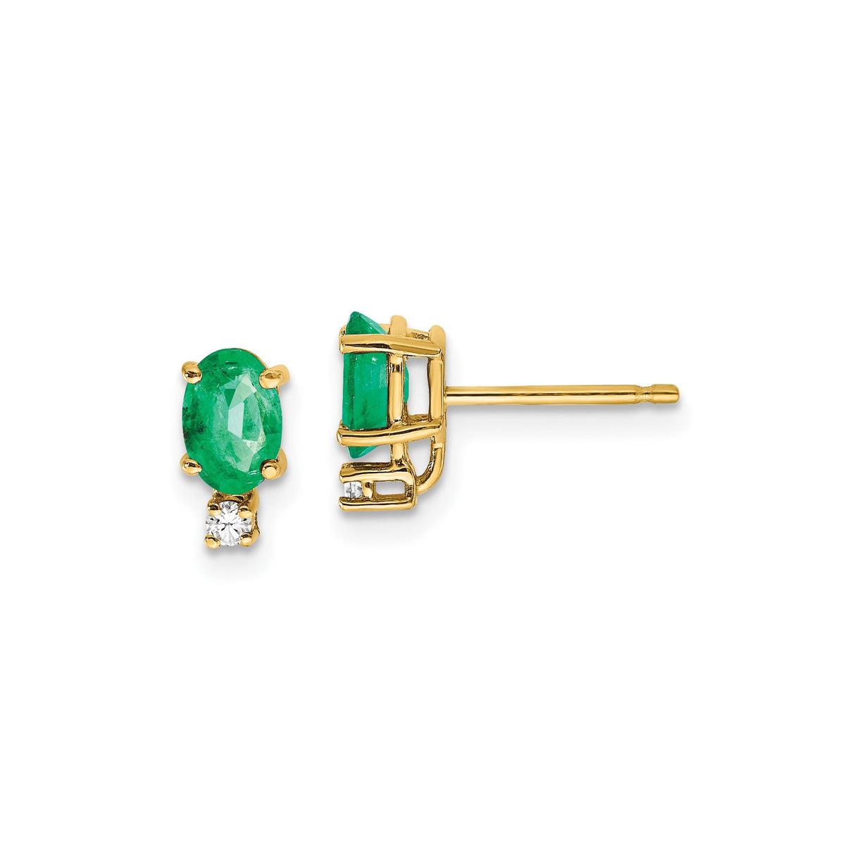 14k Yellow Gold Stud Earrings with Oval Emerald and Diamond Accents, Classic Design for Women