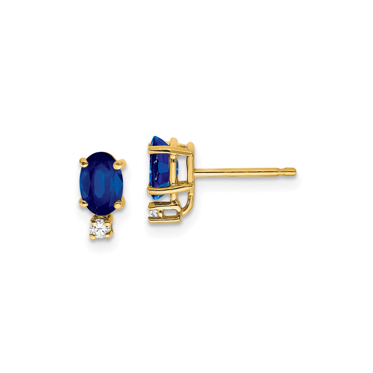 14k Yellow Gold Stud Earrings with Oval Sapphire and Diamond Accents, Classic Dainty Style