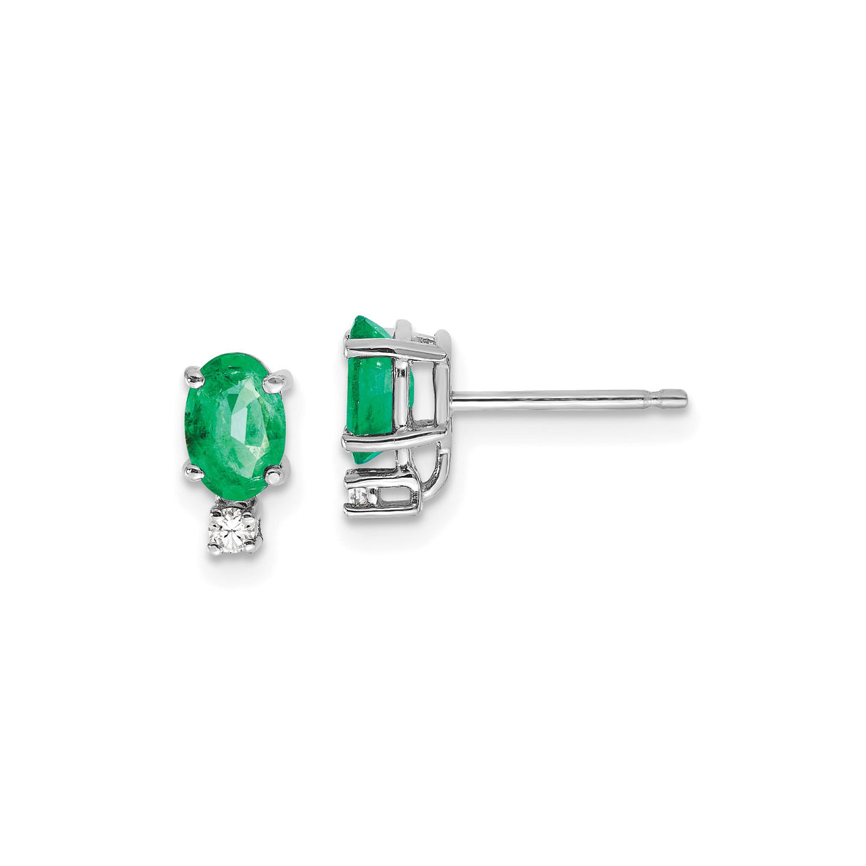 14k White Gold Emerald Stud Earrings with Diamond Accents, Classic Style for Women