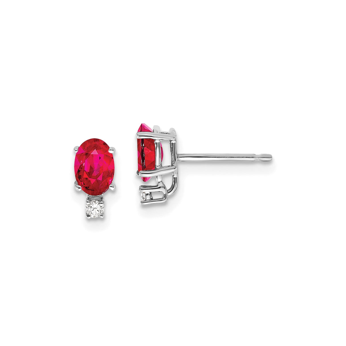 14k White Gold Ruby and Diamond Stud Earrings, Oval Red Gemstone with Round Diamond Accents