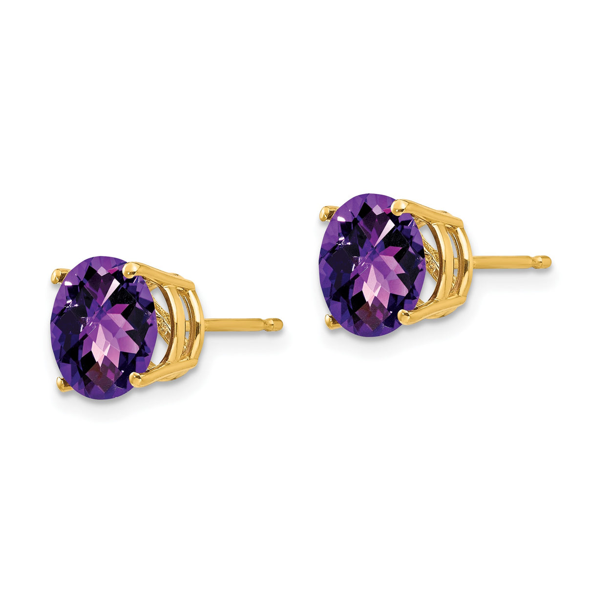 14k Yellow Gold Amethyst Stud Earrings, Round Faceted Gemstone in Four Prong Setting