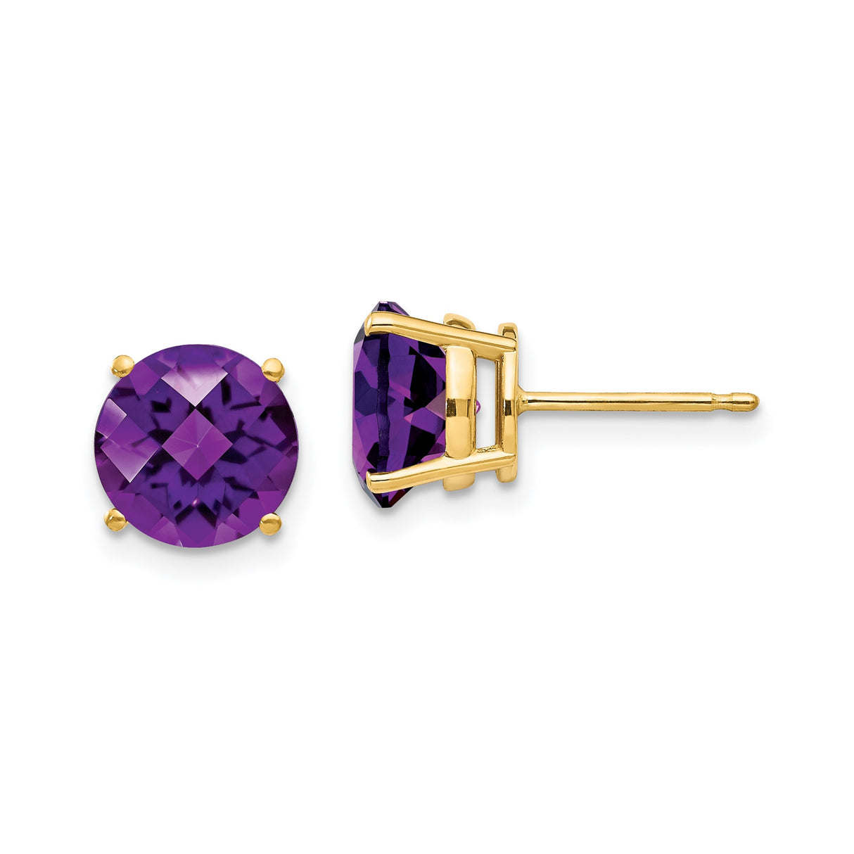 14k Yellow Gold Amethyst Stud Earrings, Round Faceted Gemstone in Four Prong Setting