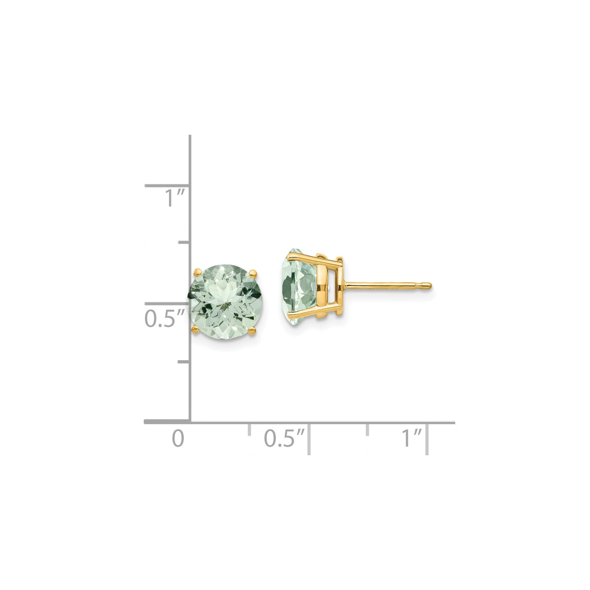 14k Yellow Gold Stud Earrings with Round Cut Green Quartz, Classic Solitaire Design