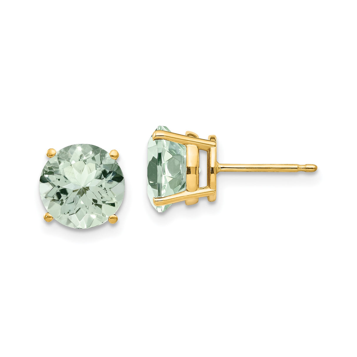 14k Yellow Gold Stud Earrings with Round Cut Green Quartz, Classic Solitaire Design