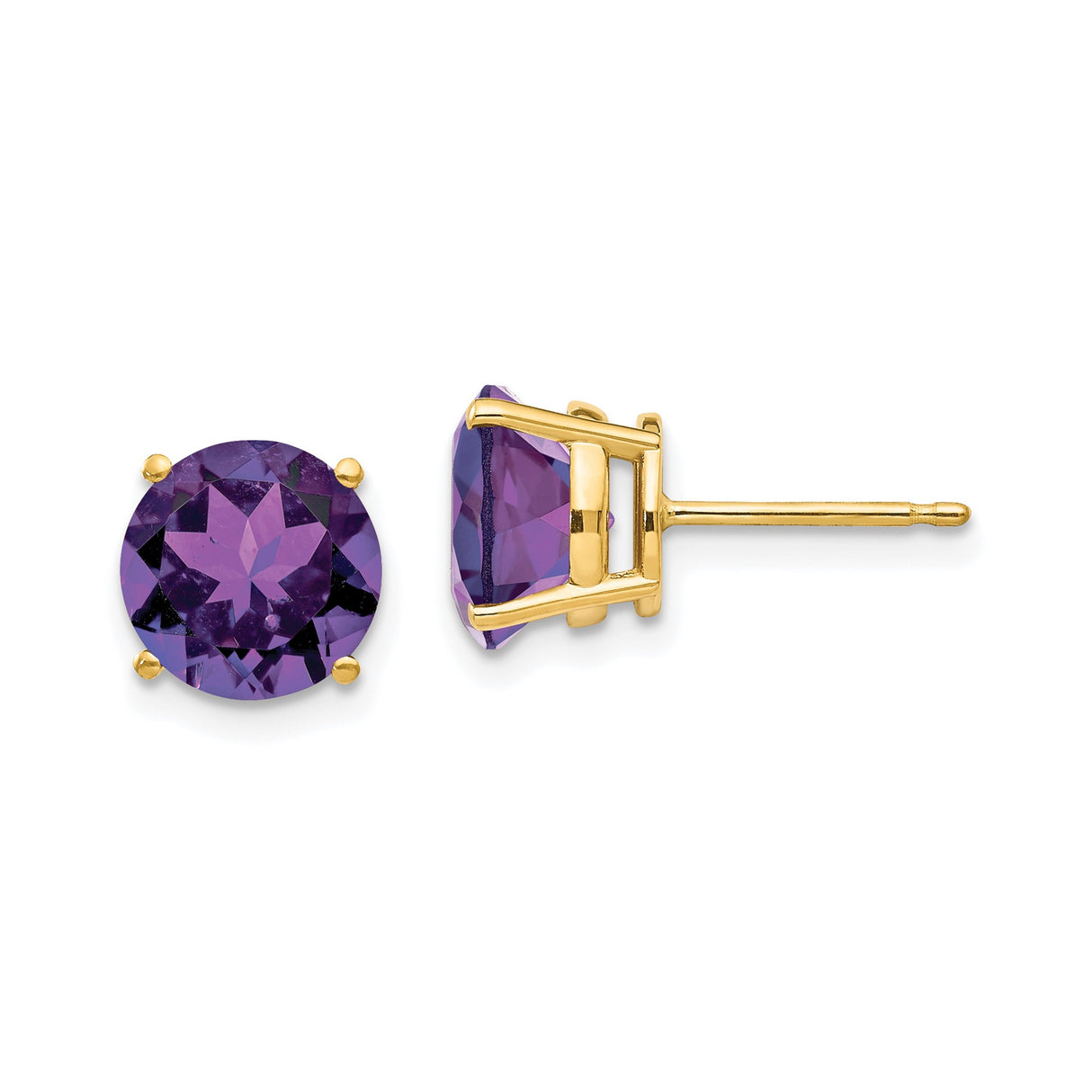 14k Yellow Gold Amethyst Stud Earrings, Round Four-Prong Setting, February Birthstone