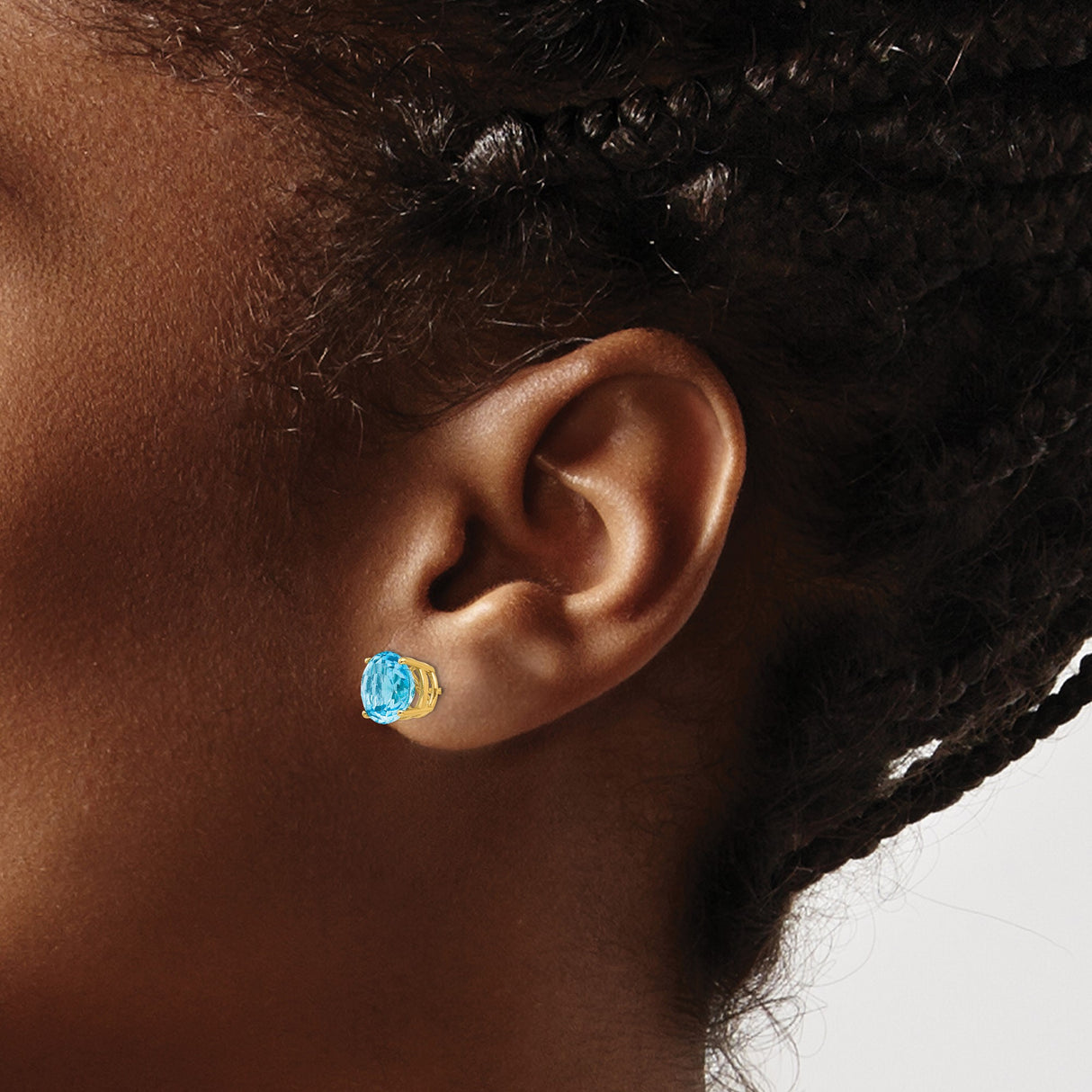 14k Yellow Gold Stud Earrings with Round Swiss Blue Topaz in Four Prong Setting