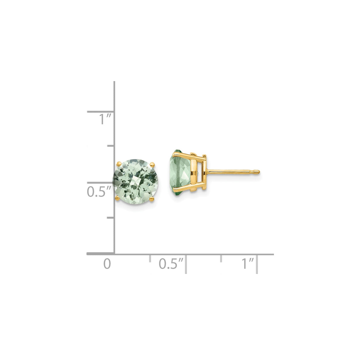 14k Yellow Gold Stud Earrings with Green Quartz, Round Checker-Cut Solitaire Design