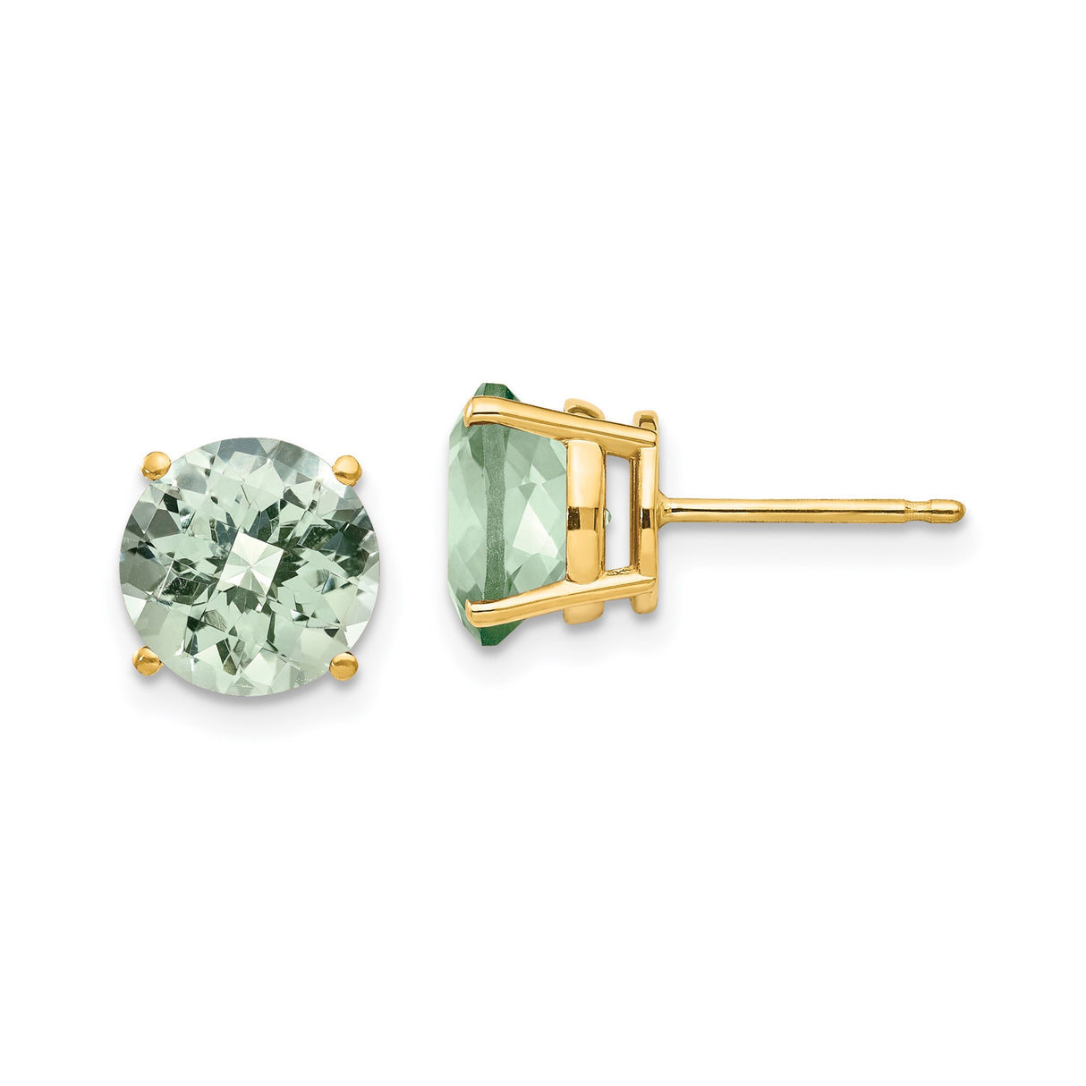 14k Yellow Gold Stud Earrings with Green Quartz, Round Checker-Cut Solitaire Design