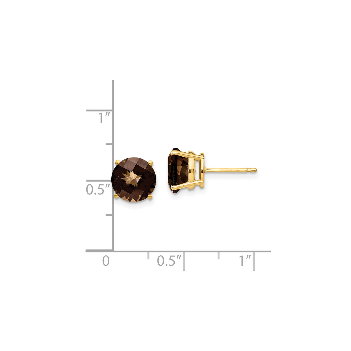 14k Yellow Gold Stud Earrings with Faceted Smoky Quartz, Solitaire Round Design for Women