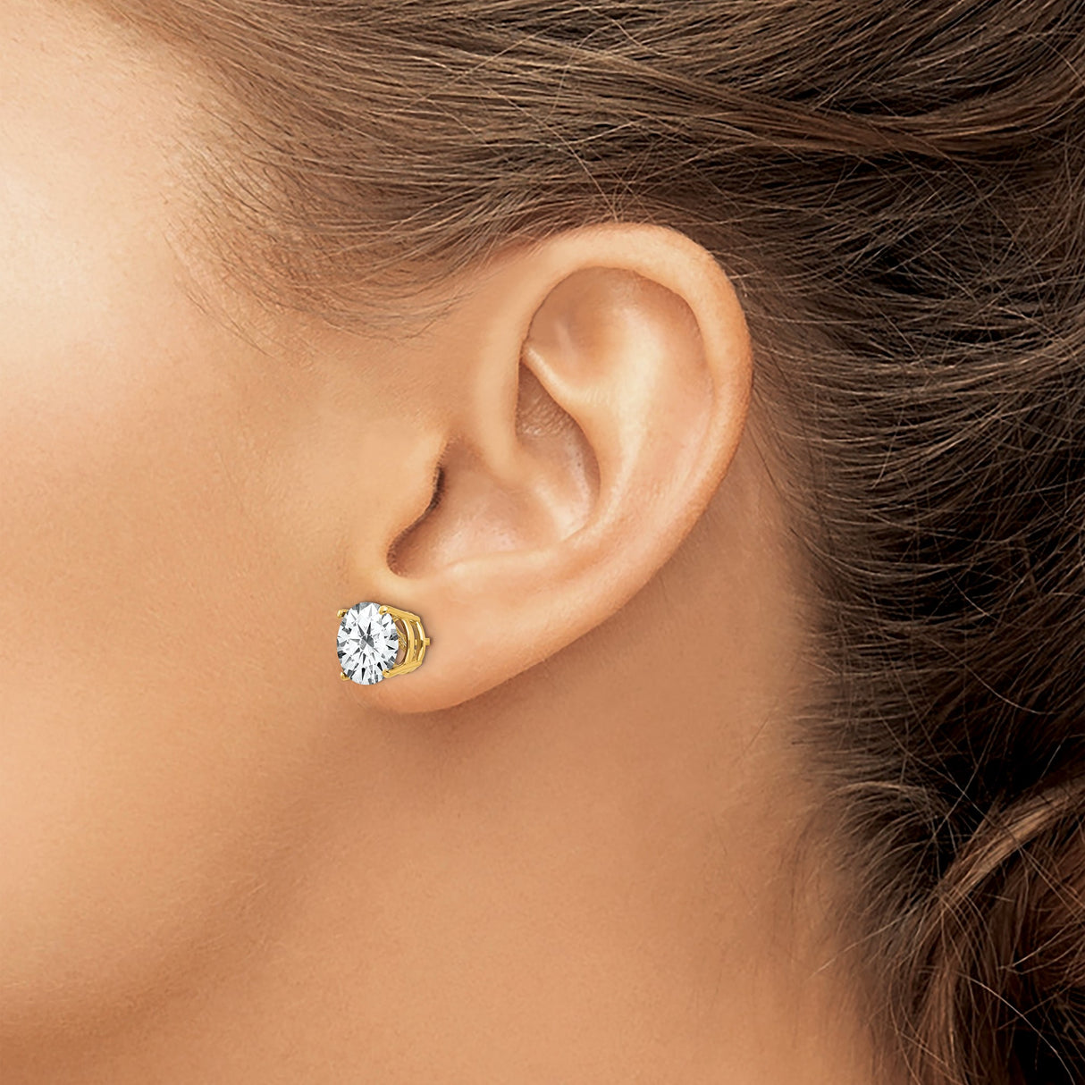14k Yellow Gold Stud Earrings with Round Cut Cubic Zirconia in Classic Four Prong Setting