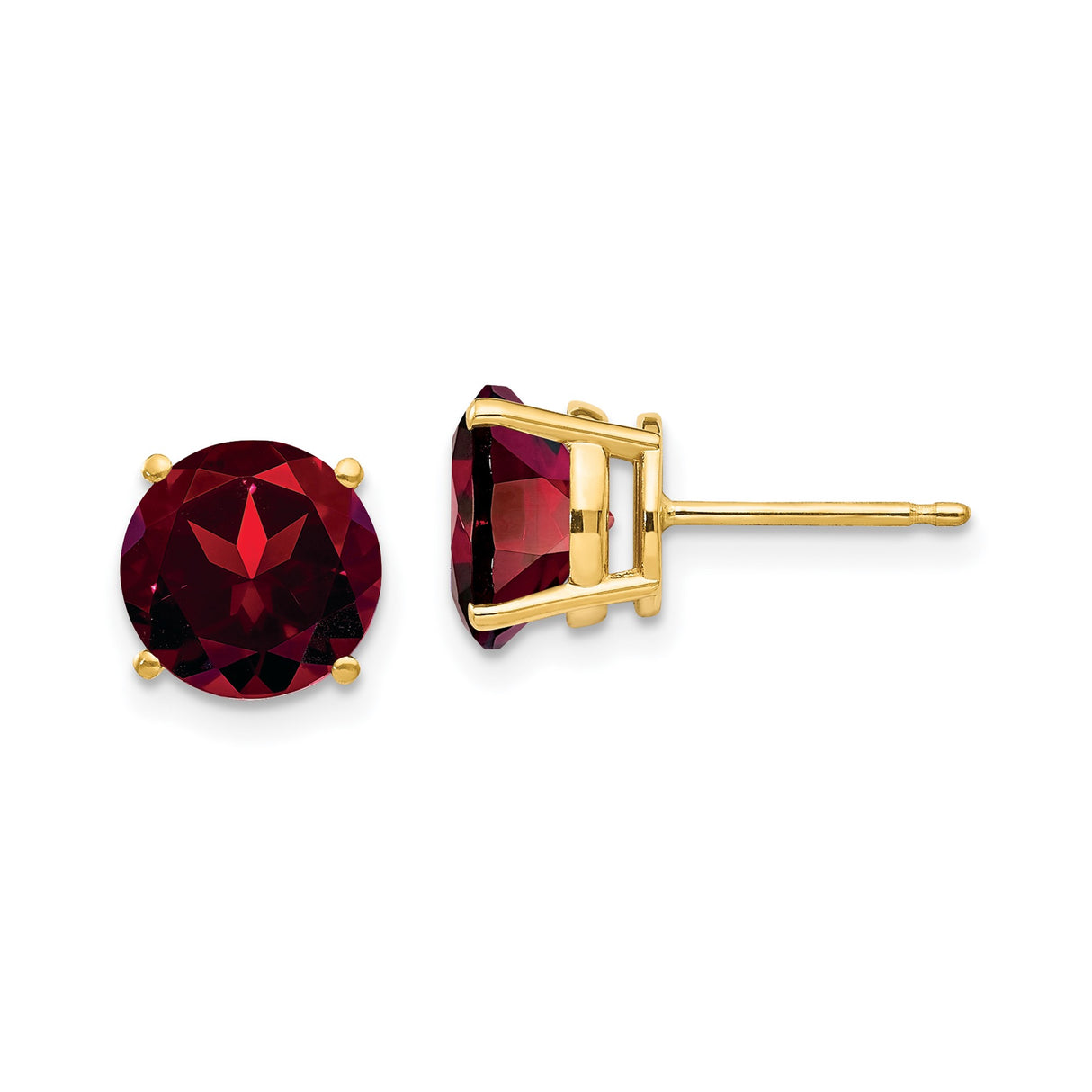 14k Yellow Gold Stud Earrings with Round Cut Garnet in Classic Four Prong Setting