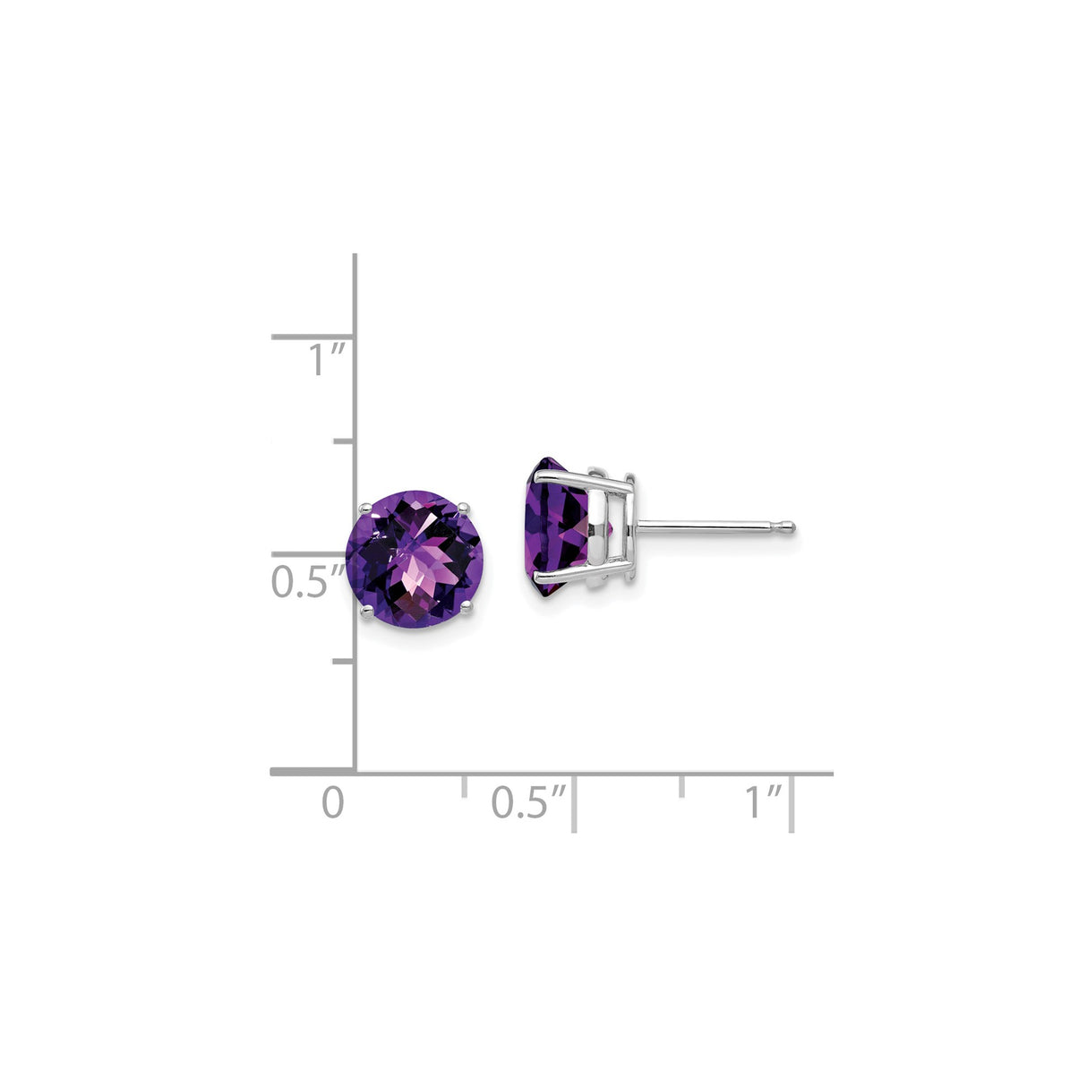 14k White Gold Stud Earrings with Round Amethyst Gemstones, Minimalist Checkerboard Cut