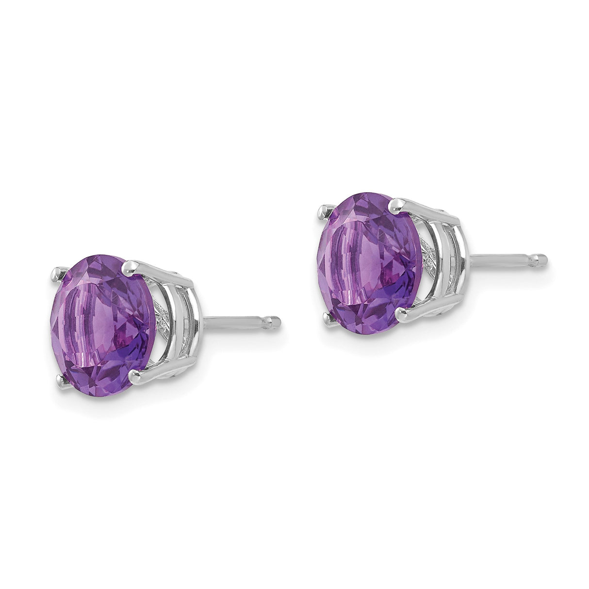 14k White Gold Amethyst Stud Earrings, Round Cut, Four Prong Setting, February Birthstone