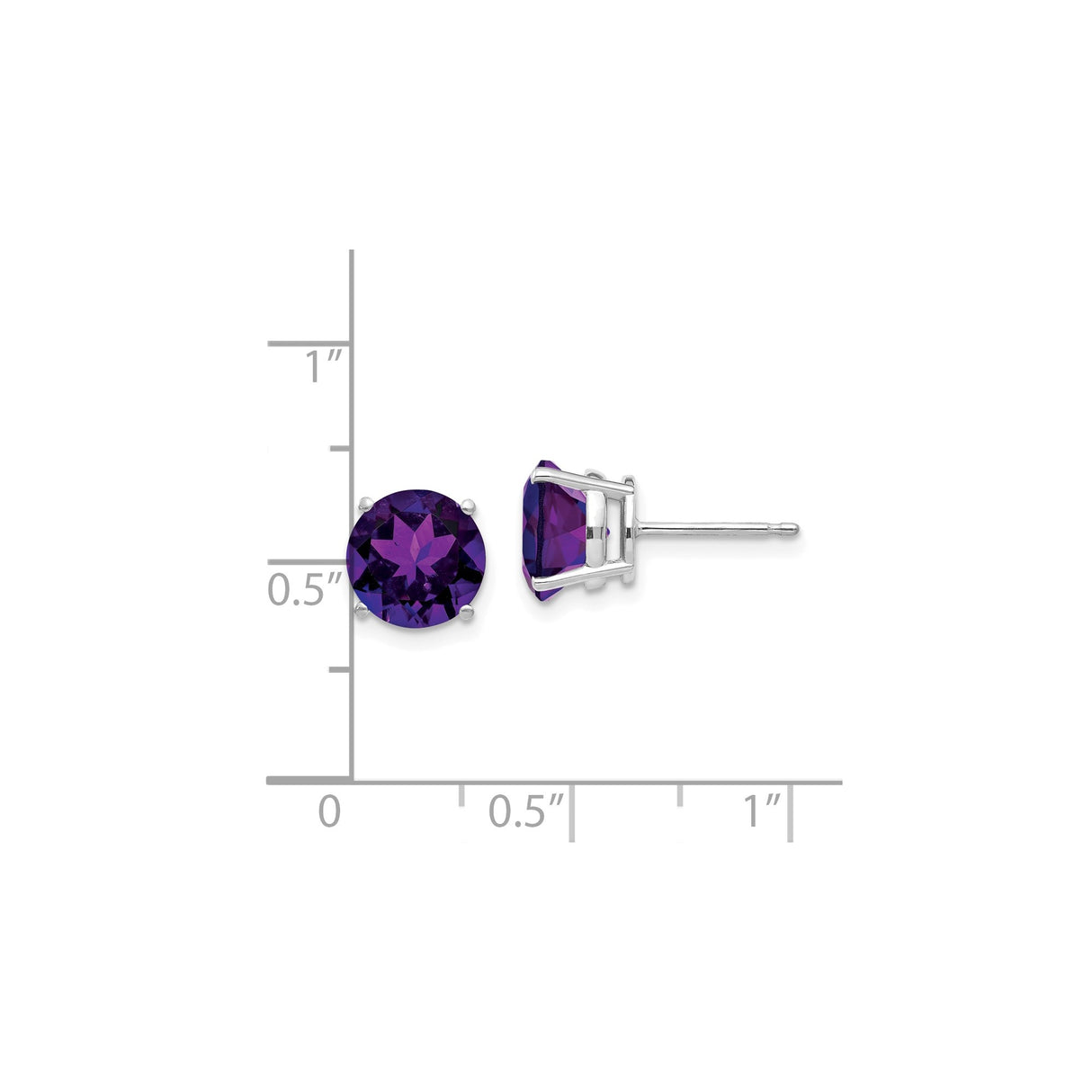 14k White Gold Amethyst Stud Earrings, Round Cut, Four Prong Setting, February Birthstone