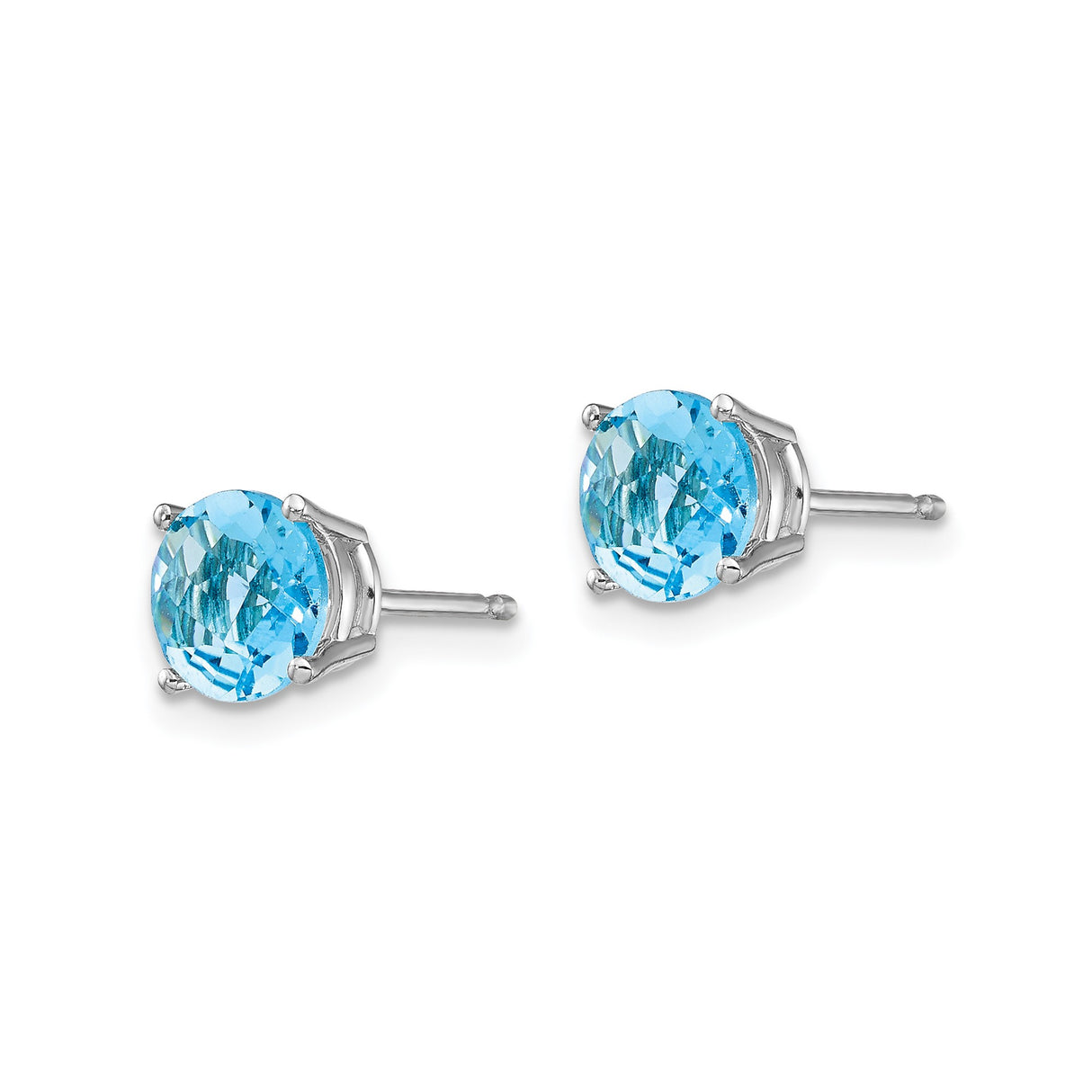 14k White Gold Stud Earrings with Swiss Blue Topaz, Round Cut, Four-Prong Setting