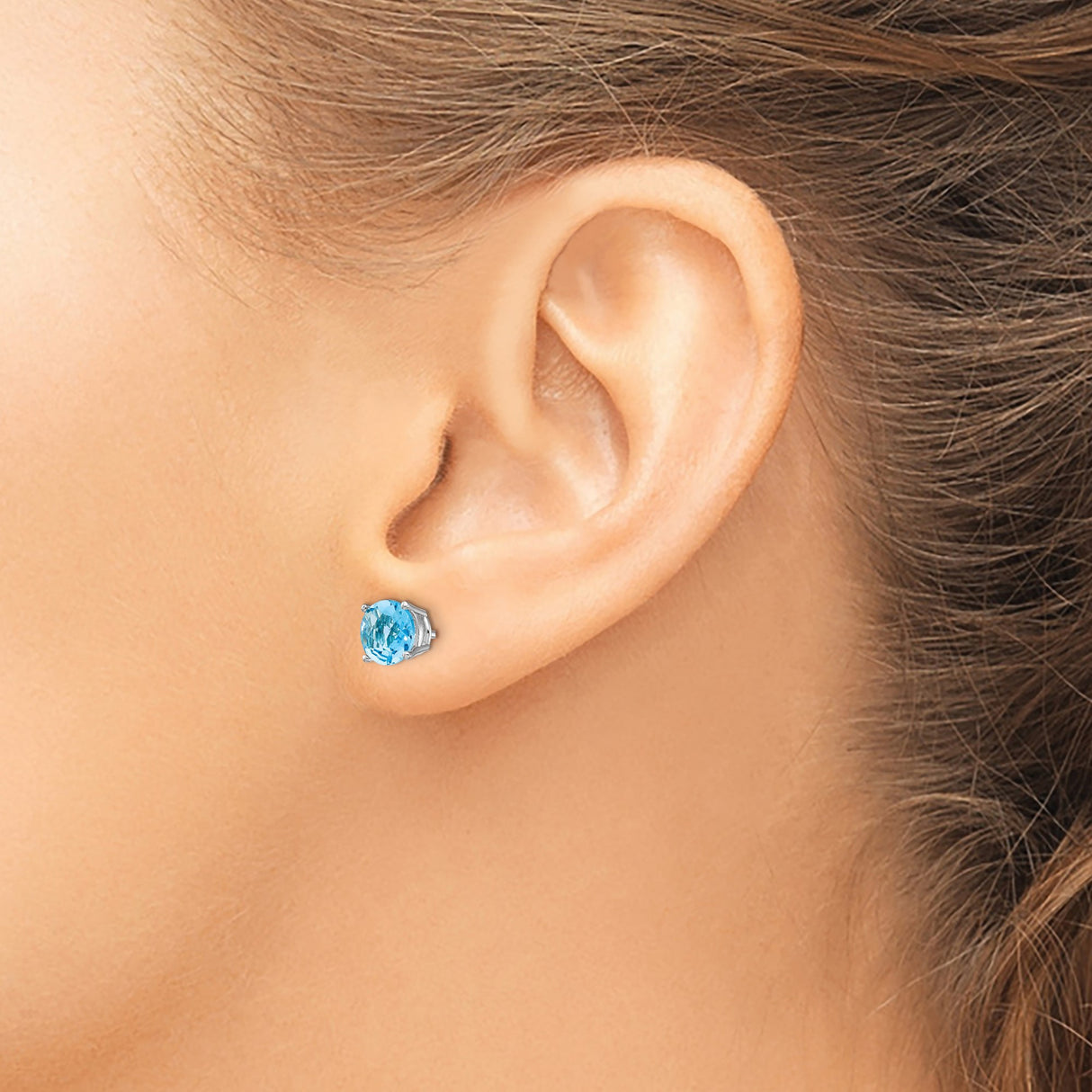 14k White Gold Stud Earrings with Swiss Blue Topaz, Round Cut, Four-Prong Setting