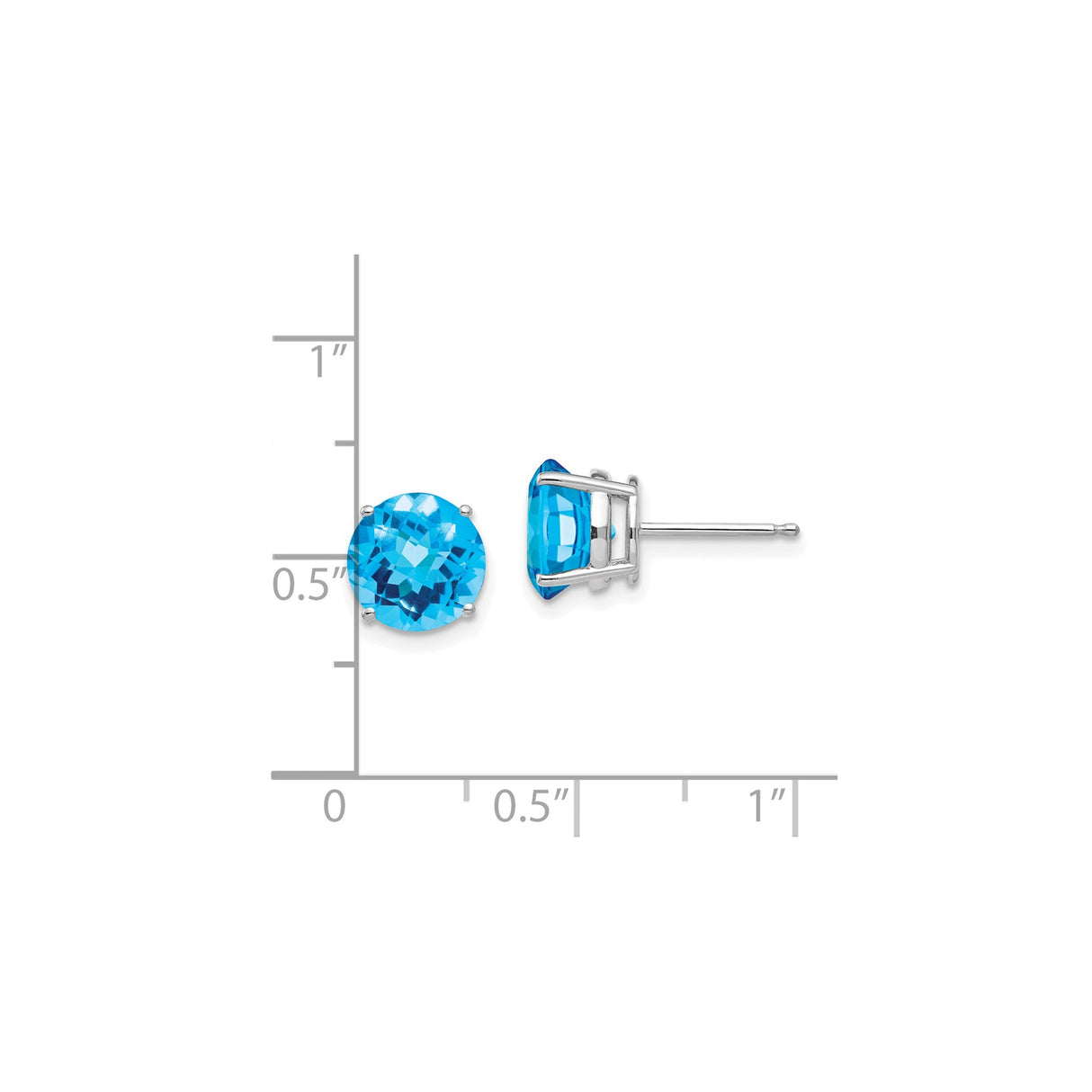 14k White Gold Stud Earrings with Swiss Blue Topaz, Round Cut, Four-Prong Setting