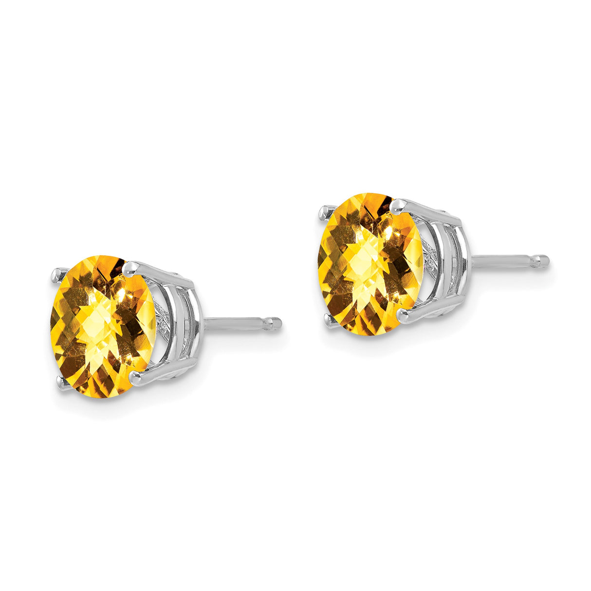 14k White Gold Citrine Stud Earrings, Round Cut Gemstone in Four-Prong Setting