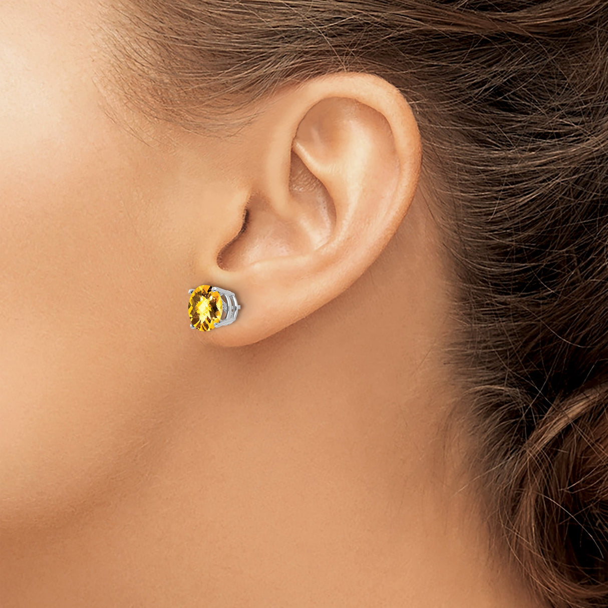 14k White Gold Citrine Stud Earrings, Round Cut Gemstone in Four-Prong Setting