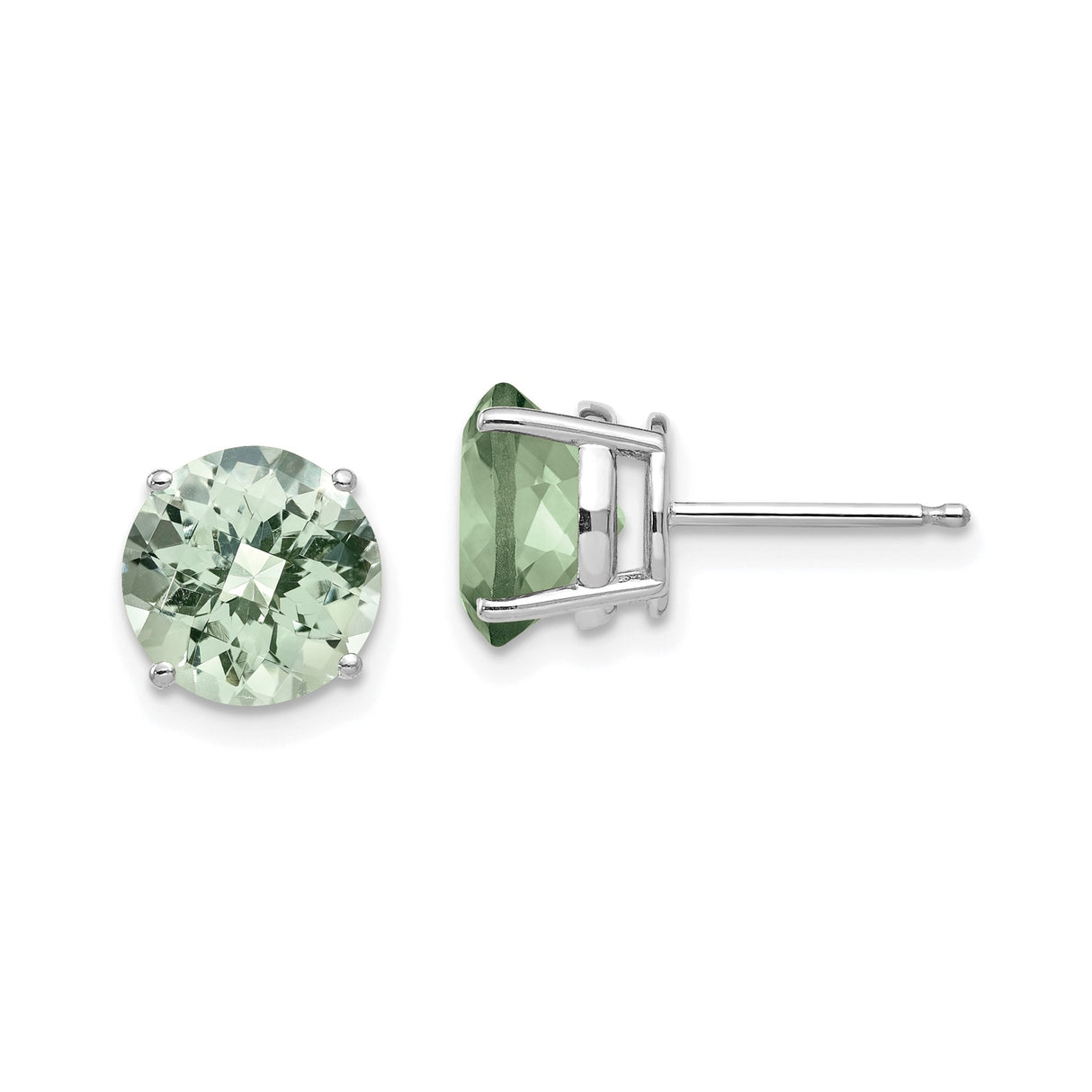 14k White Gold Stud Earrings with Round Checker Cut Green Quartz, Classic Four Prong Setting