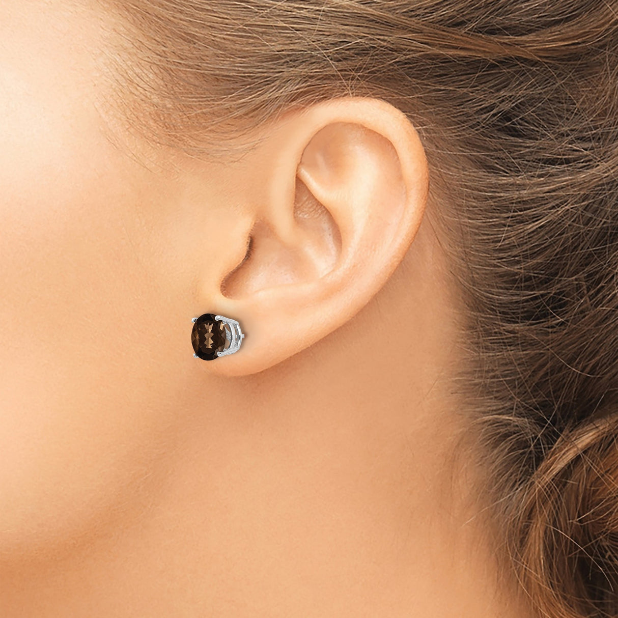 14k White Gold Stud Earrings with Smoky Quartz, Minimalist Four Prong Setting