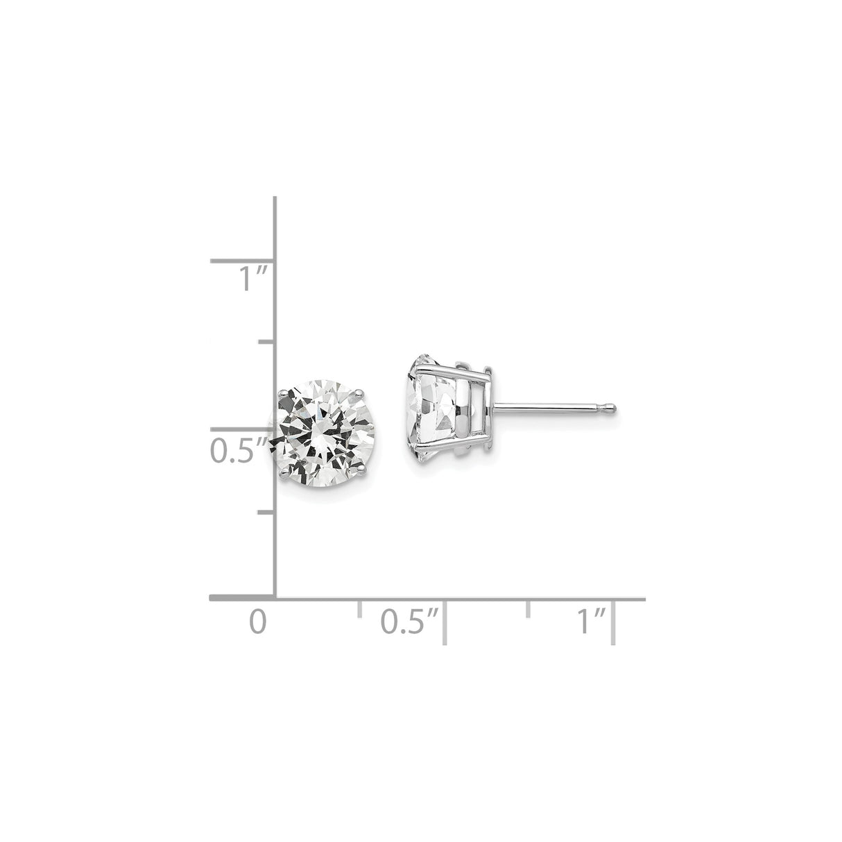 14k White Gold Stud Earrings with Round Cut Cubic Zirconia, Four Prong Setting, Minimalist Style