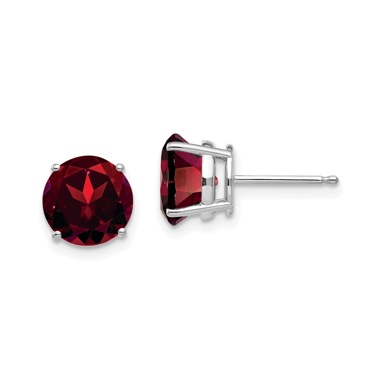14k White Gold Garnet Stud Earrings, Round Cut Solitaire, Minimalist Style