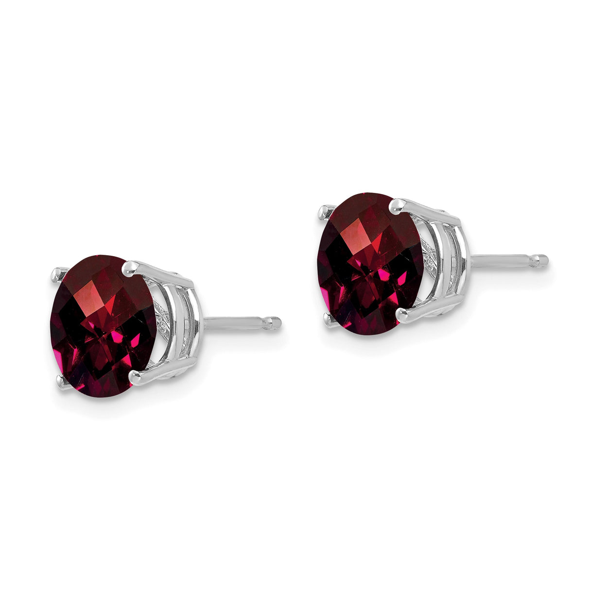14k White Gold Garnet Stud Earrings, Round Deep Red Gemstones in Prong Setting