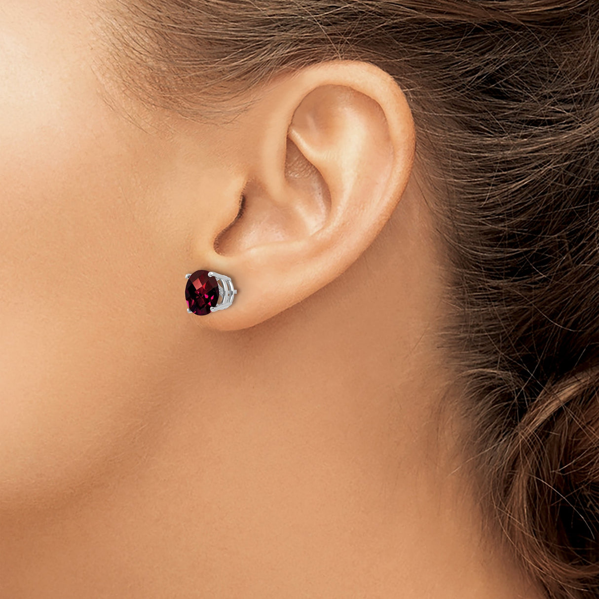 14k White Gold Garnet Stud Earrings, Round Deep Red Gemstones in Prong Setting