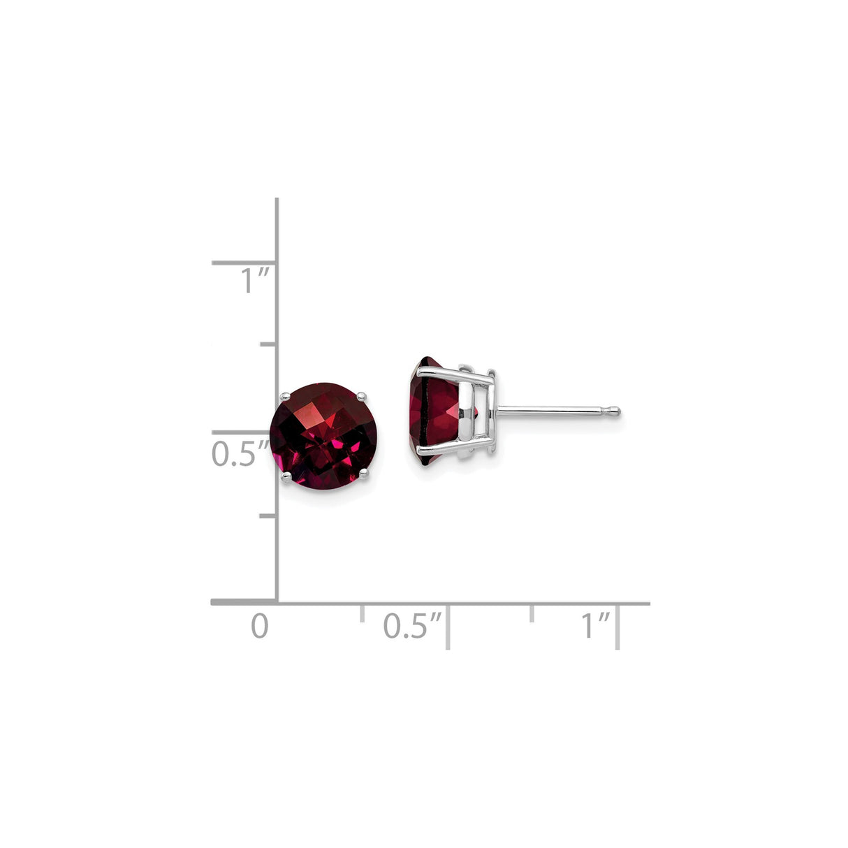 14k White Gold Garnet Stud Earrings, Round Deep Red Gemstones in Prong Setting