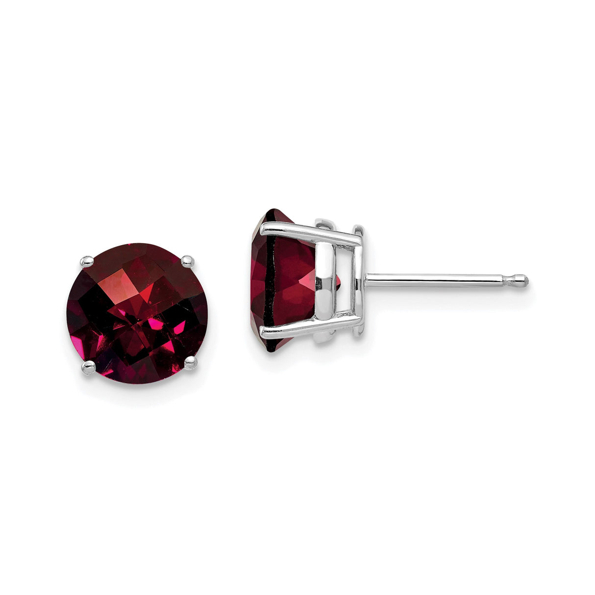 14k White Gold Garnet Stud Earrings, Round Deep Red Gemstones in Prong Setting