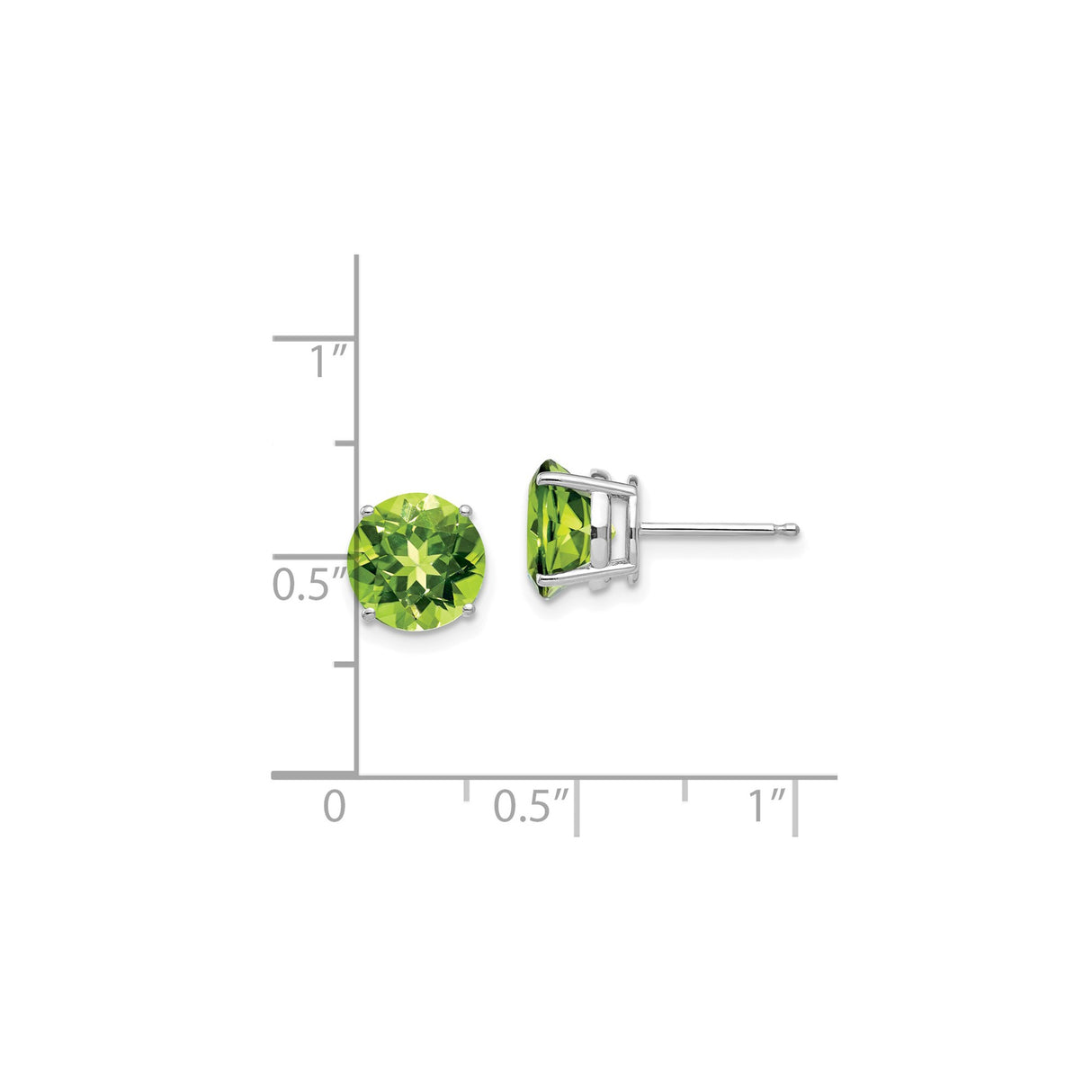 14k White Gold Stud Earrings with Round Peridot Gemstones, Classic Four Prong Setting
