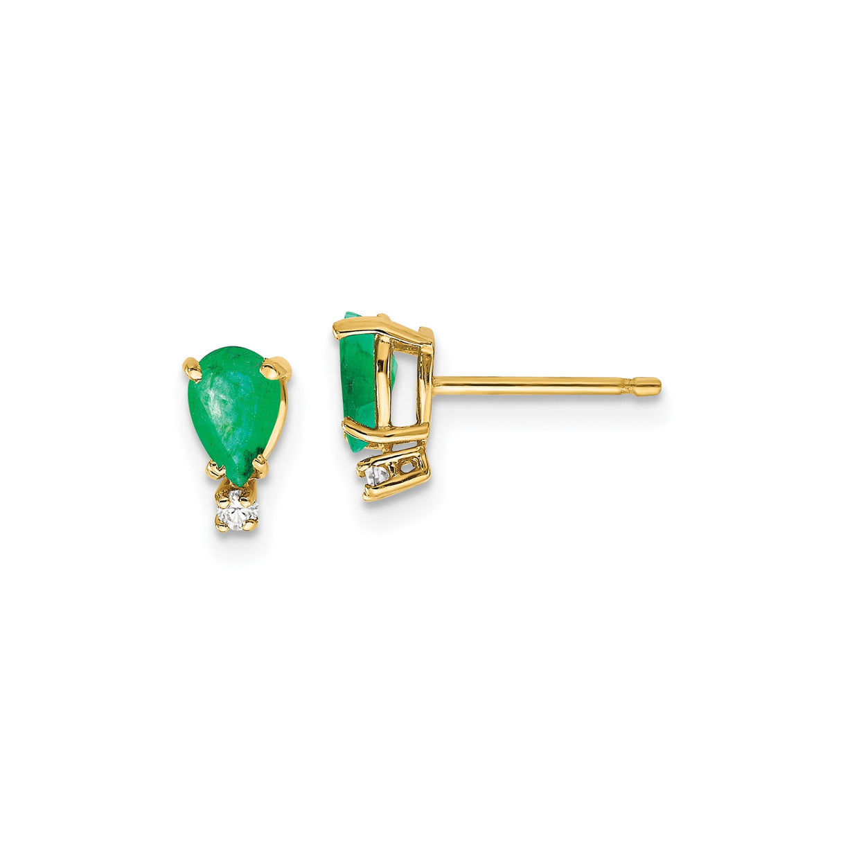 14k Yellow Gold Stud Earrings with Pear Shaped Emerald and Diamond Accent