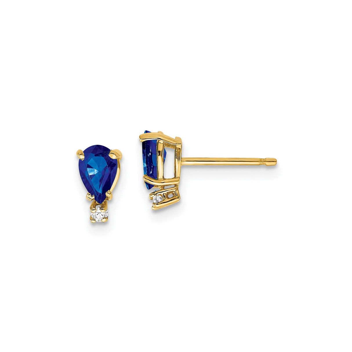 14k Yellow Gold Stud Earrings with Pear Shaped Blue Sapphire and Diamond Accents