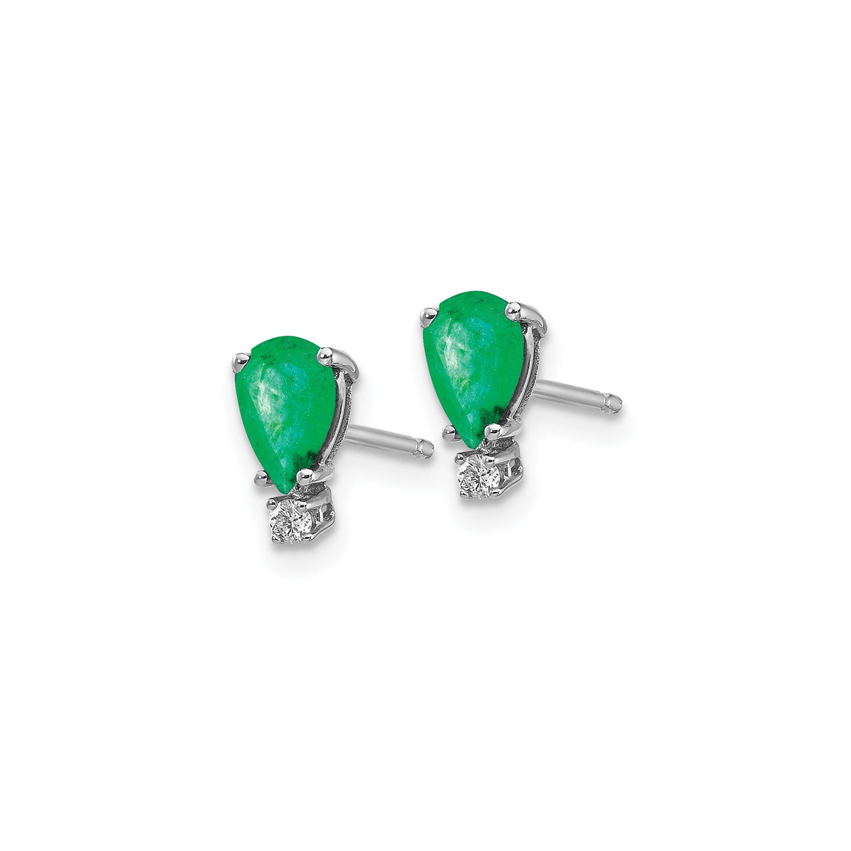 14k White Gold Emerald Stud Earrings with Diamond Accents, Pear Shaped Gemstone Jewelry