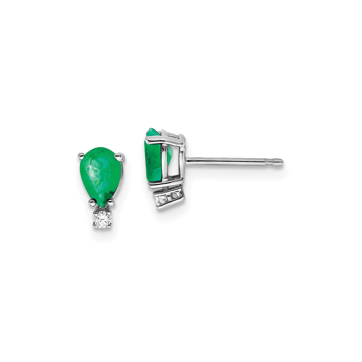 14k White Gold Emerald Stud Earrings with Diamond Accents, Pear Shaped Gemstone Jewelry