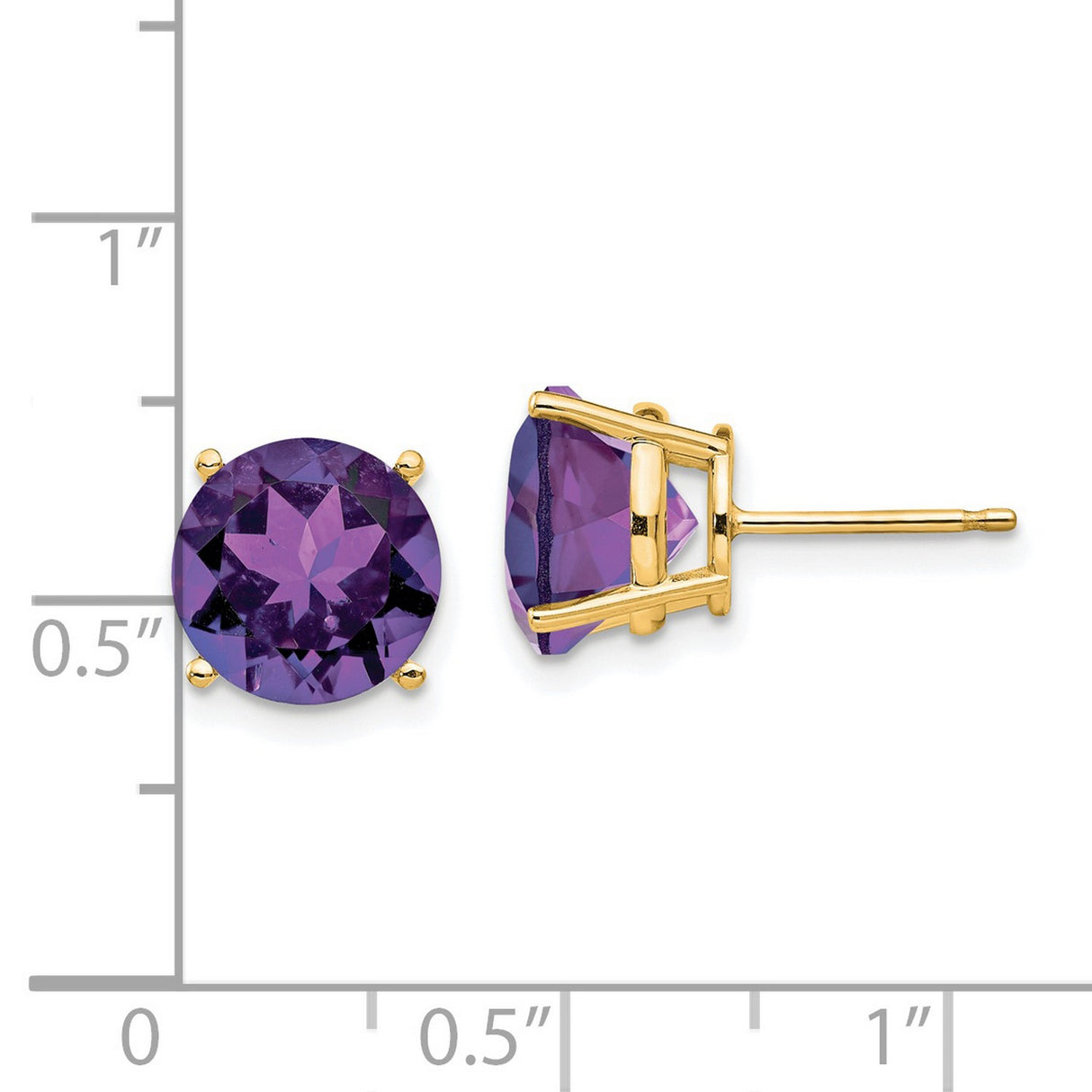14k Yellow Gold Amethyst Stud Earrings, Round Cut Purple Gemstone, Classic Four Prong Setting