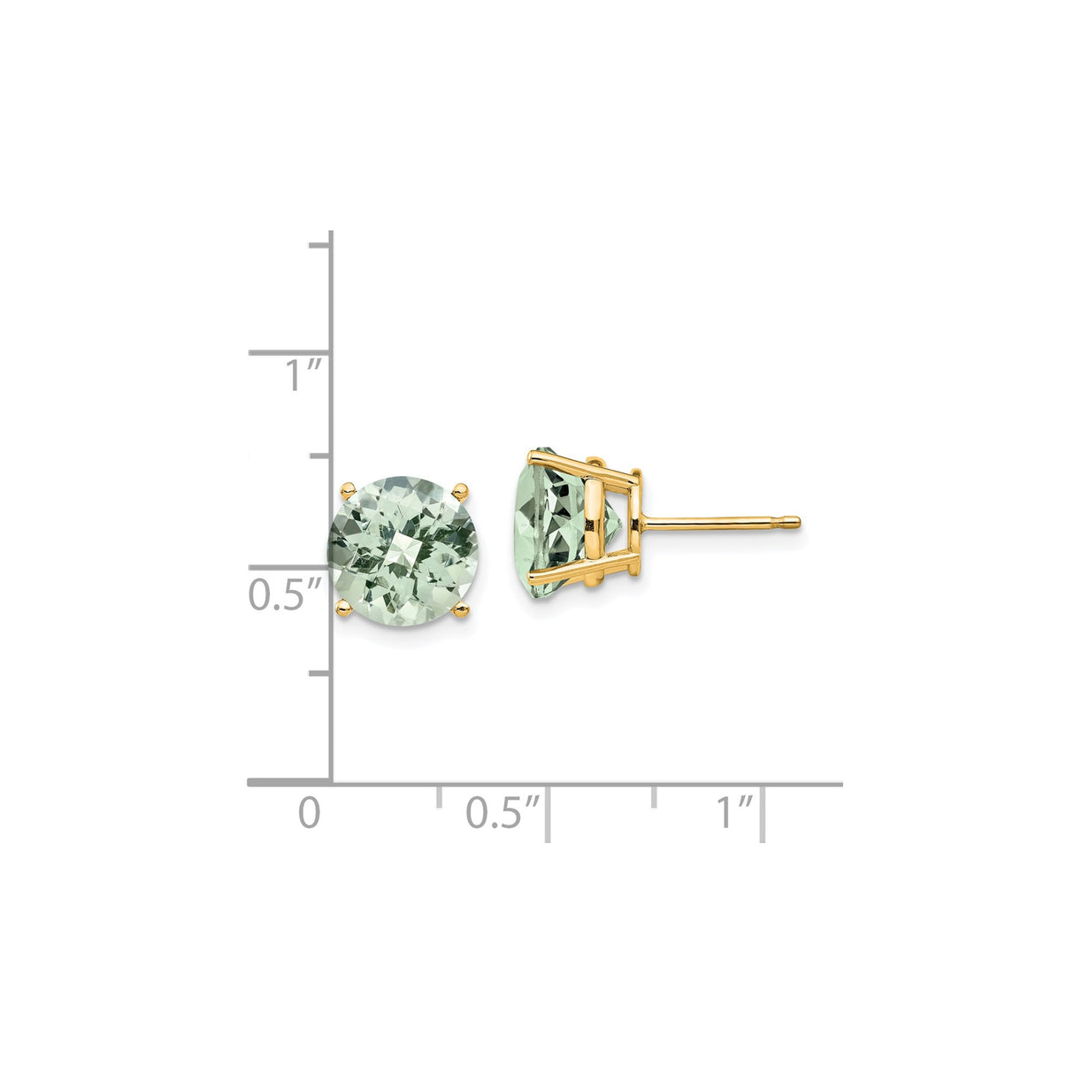 14k Yellow Gold Stud Earrings with Round Checker Cut Green Quartz, Four Prong Setting