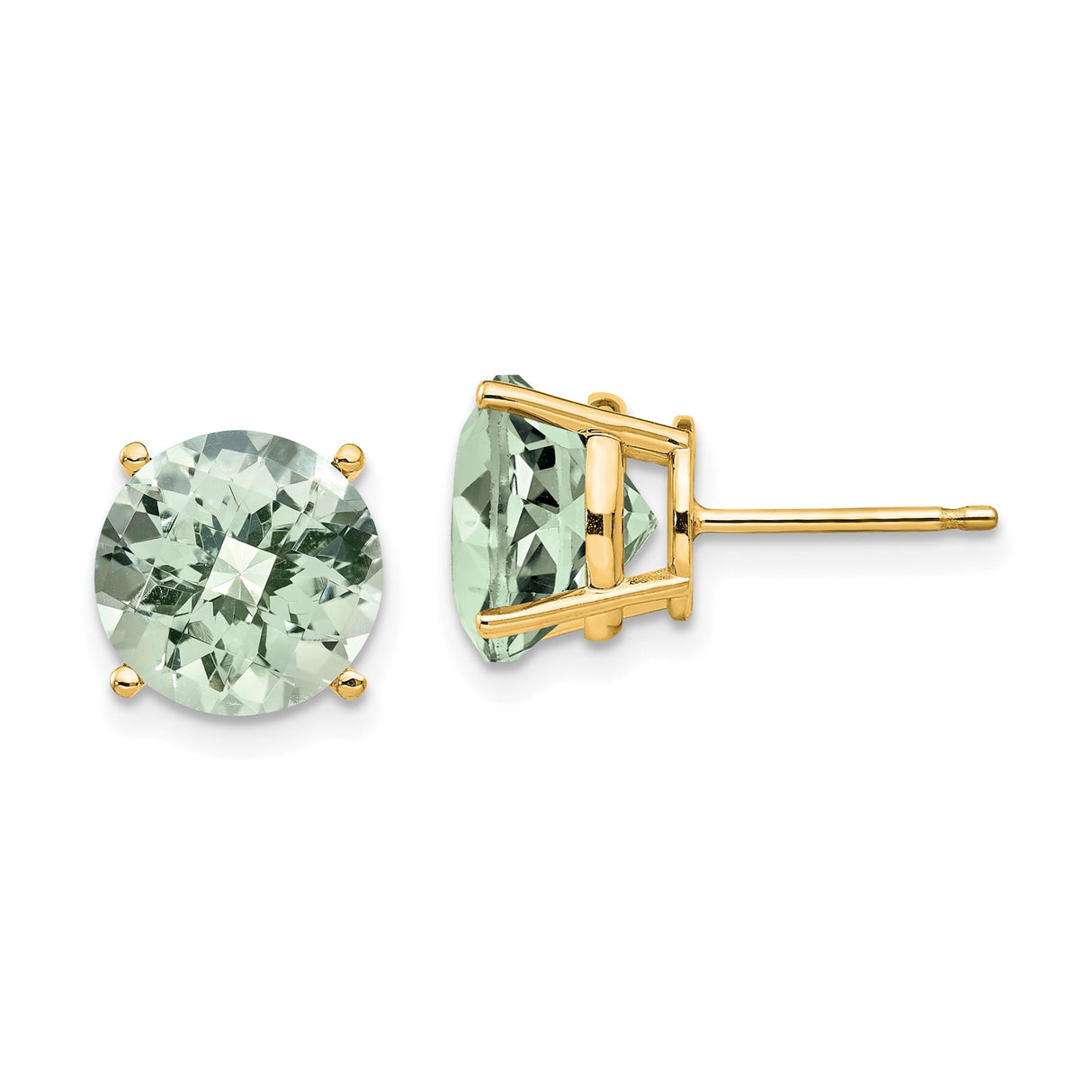 14k Yellow Gold Stud Earrings with Round Checker Cut Green Quartz, Four Prong Setting