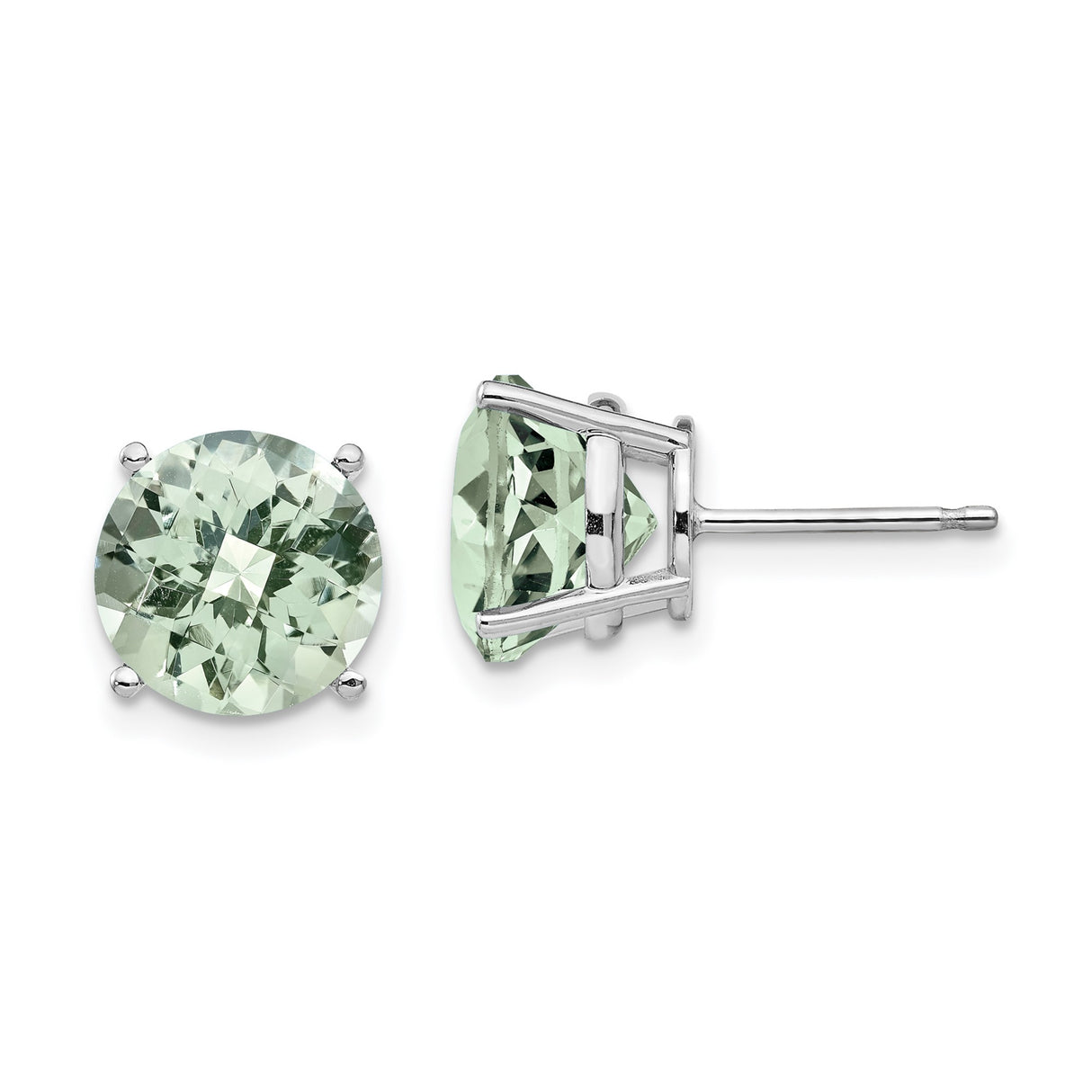 14k White Gold Stud Earrings with Round Cut Green Gemstones in Four Prong Setting
