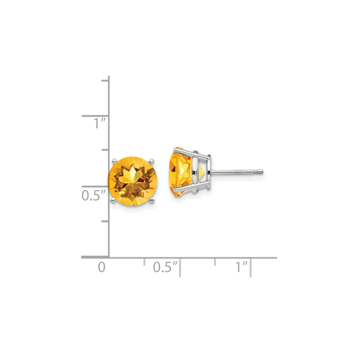14k White Gold Citrine Stud Earrings, Round Yellow Gemstone in Four Prong Setting