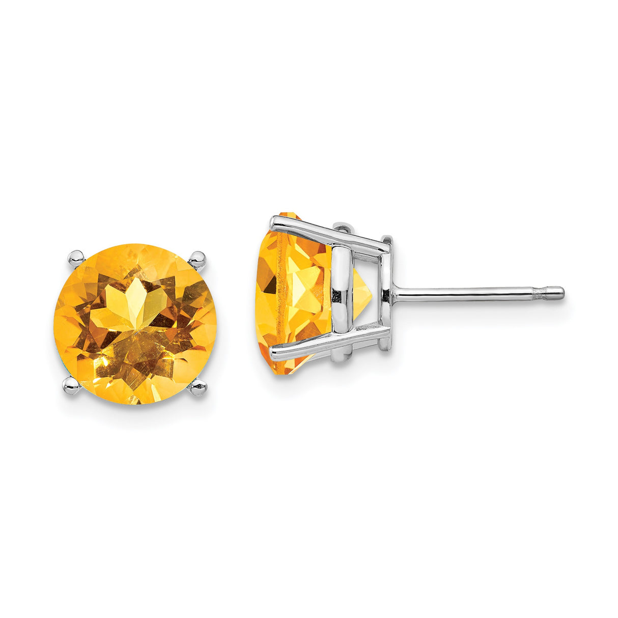 14k White Gold Citrine Stud Earrings, Round Yellow Gemstone in Four Prong Setting