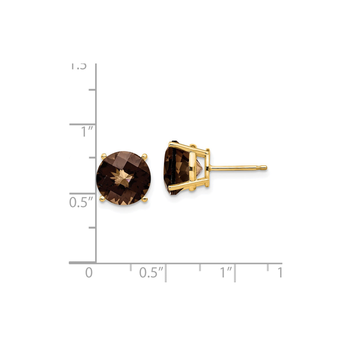 14k Yellow Gold Stud Earrings with Round Checker Cut Smoky Quartz, Classic Lightweight Design